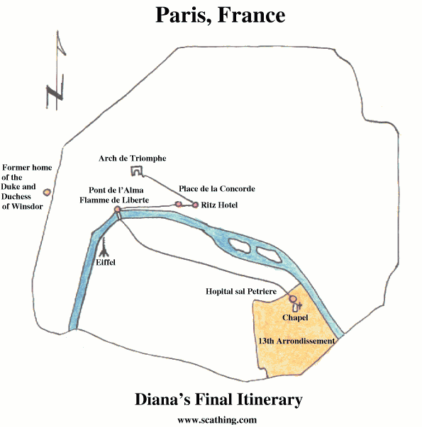 Map of Paris with Diana's Final Itinerary